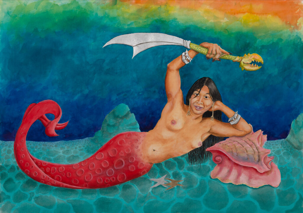 A mermaid with a radiant smile and a long red tail holds a fin-shaped saber above her head.