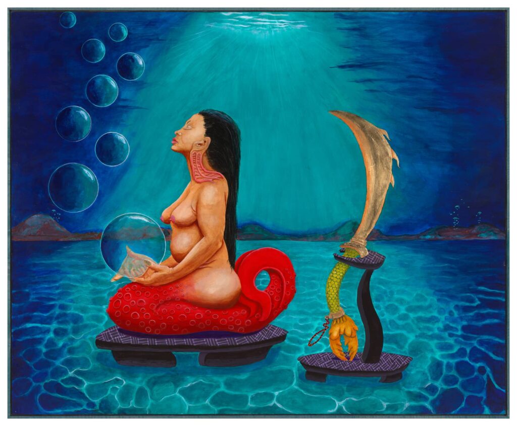 acrylic on panel, a warrior mermaid with a red tail sits under sparkling water in repose, holding a bubble with mysteries inside